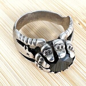 Vintage‎ Sterling Silver Men's Thunderbird Skull Ring Dark Stone Marked 90 Sz 9